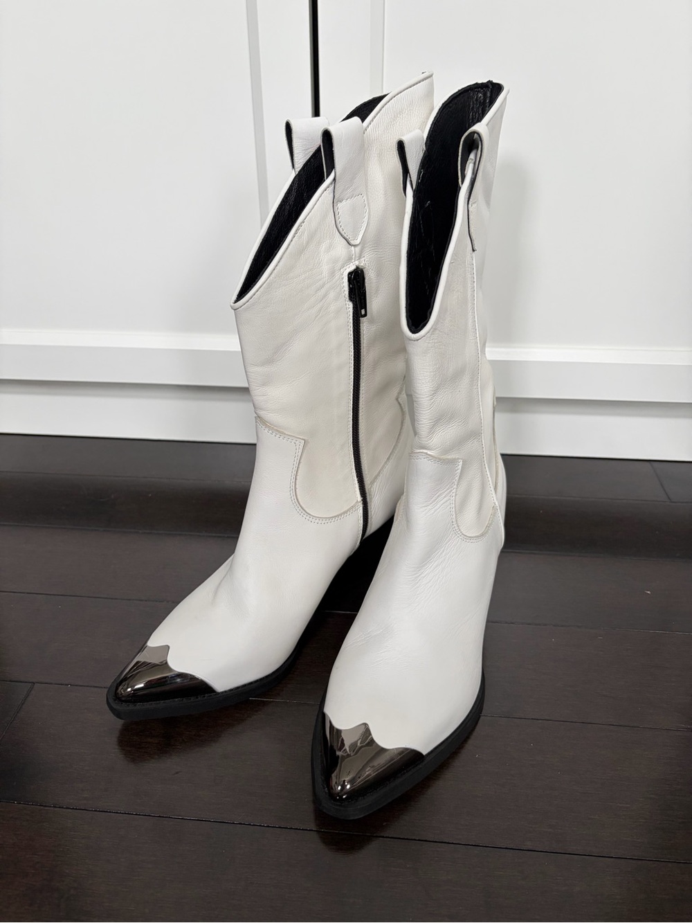 White Leather Western-Inspired Mid-Calf Boots with Metallic Toe